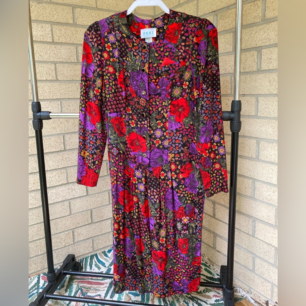Vintage Peri Petites Floral Paisley Print 80s 90s Black Button Front Dress